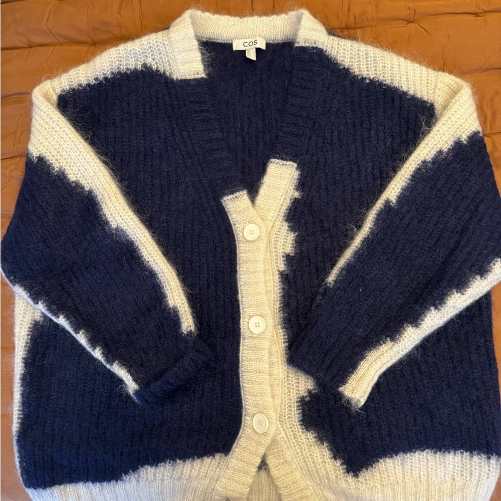 COS Blue and Cream Cardigan Sweater with Chunky Knit
